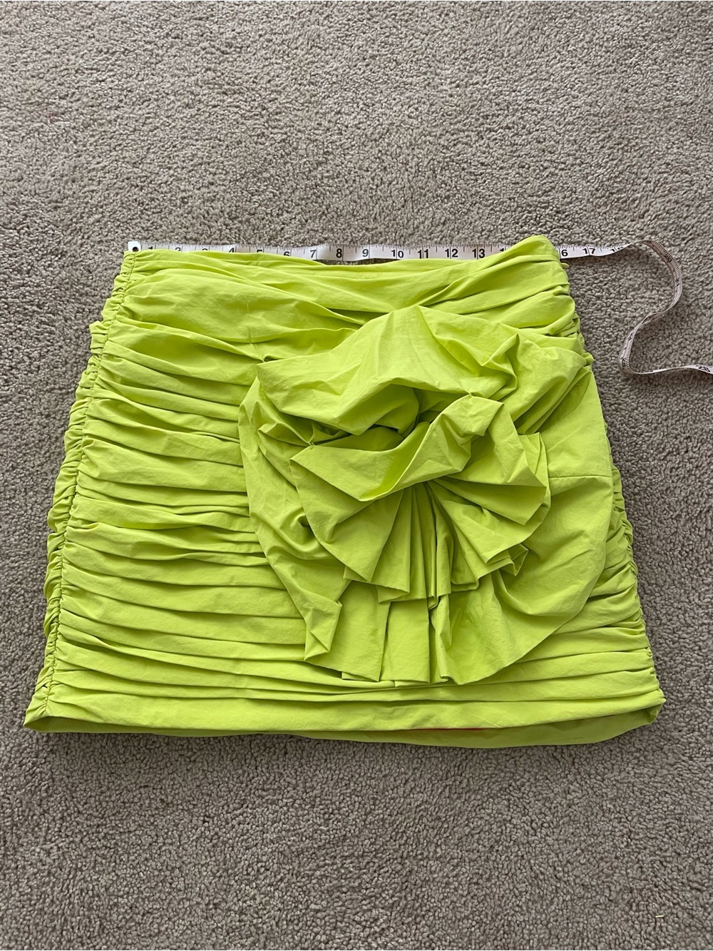 Ruched Lime Green Mini Skirt with Statement Ruffle
